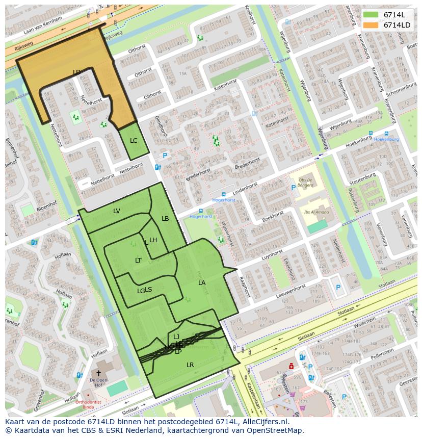 Afbeelding van het postcodegebied 6714 LD op de kaart.