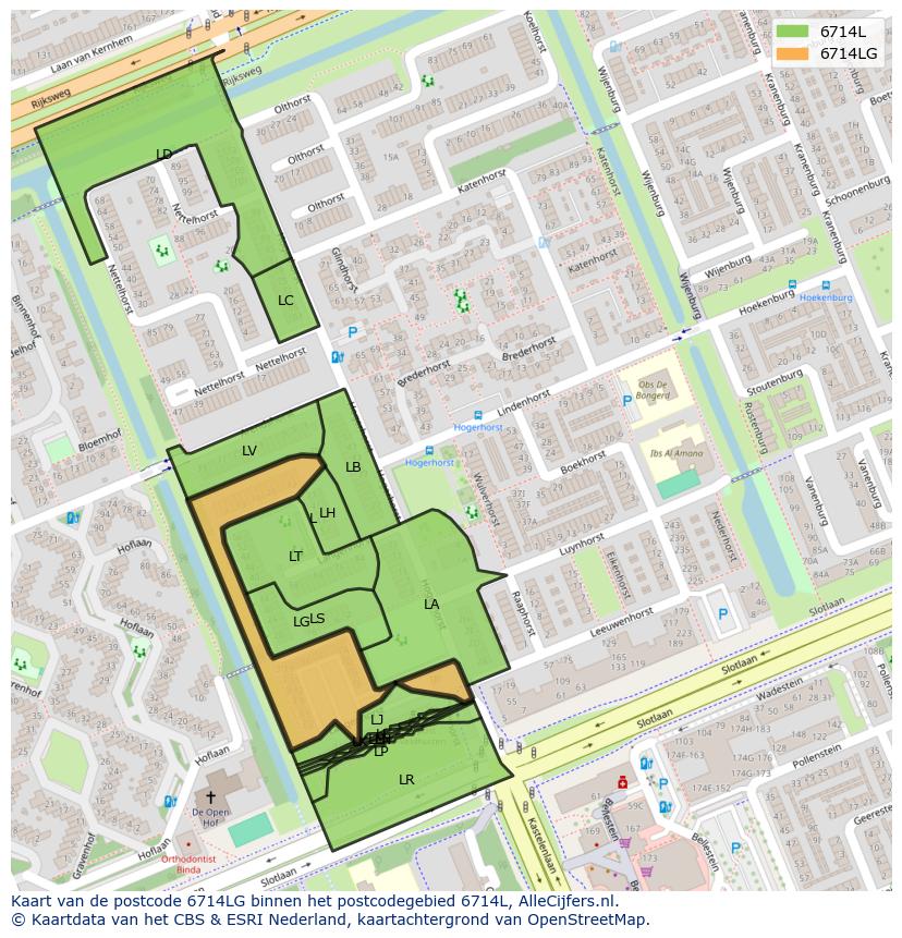Afbeelding van het postcodegebied 6714 LG op de kaart.