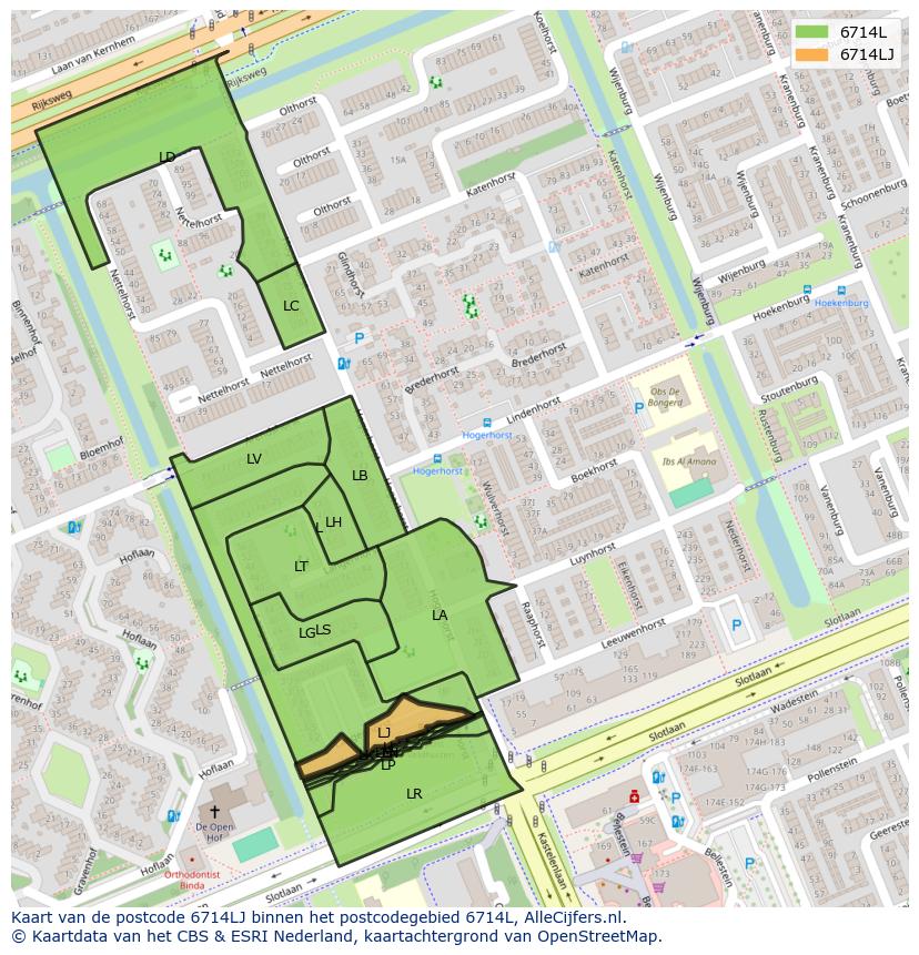 Afbeelding van het postcodegebied 6714 LJ op de kaart.