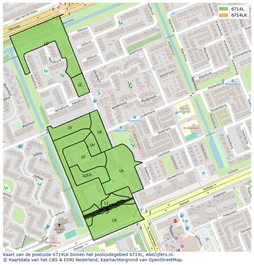 Afbeelding van het postcodegebied 6714 LK op de kaart.