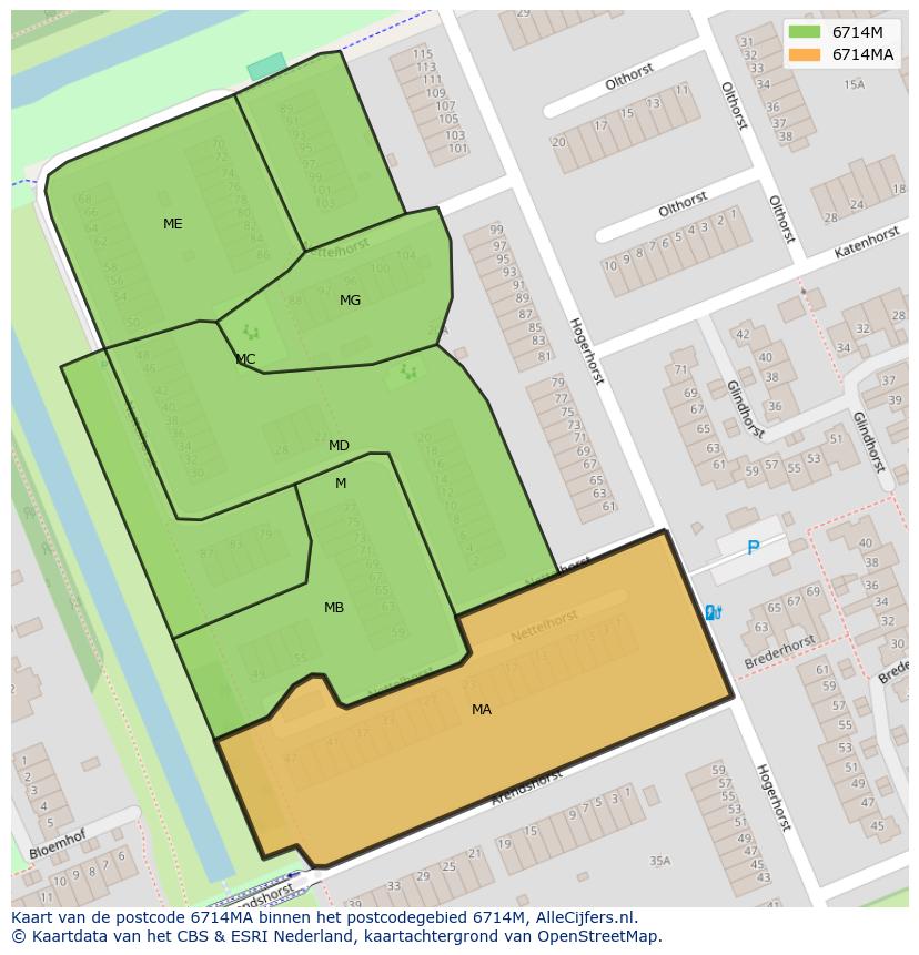 Afbeelding van het postcodegebied 6714 MA op de kaart.