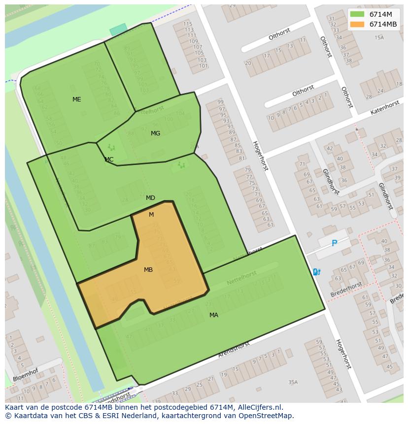 Afbeelding van het postcodegebied 6714 MB op de kaart.