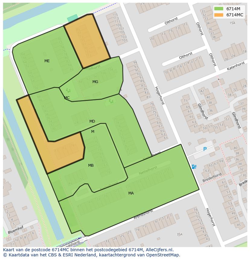 Afbeelding van het postcodegebied 6714 MC op de kaart.