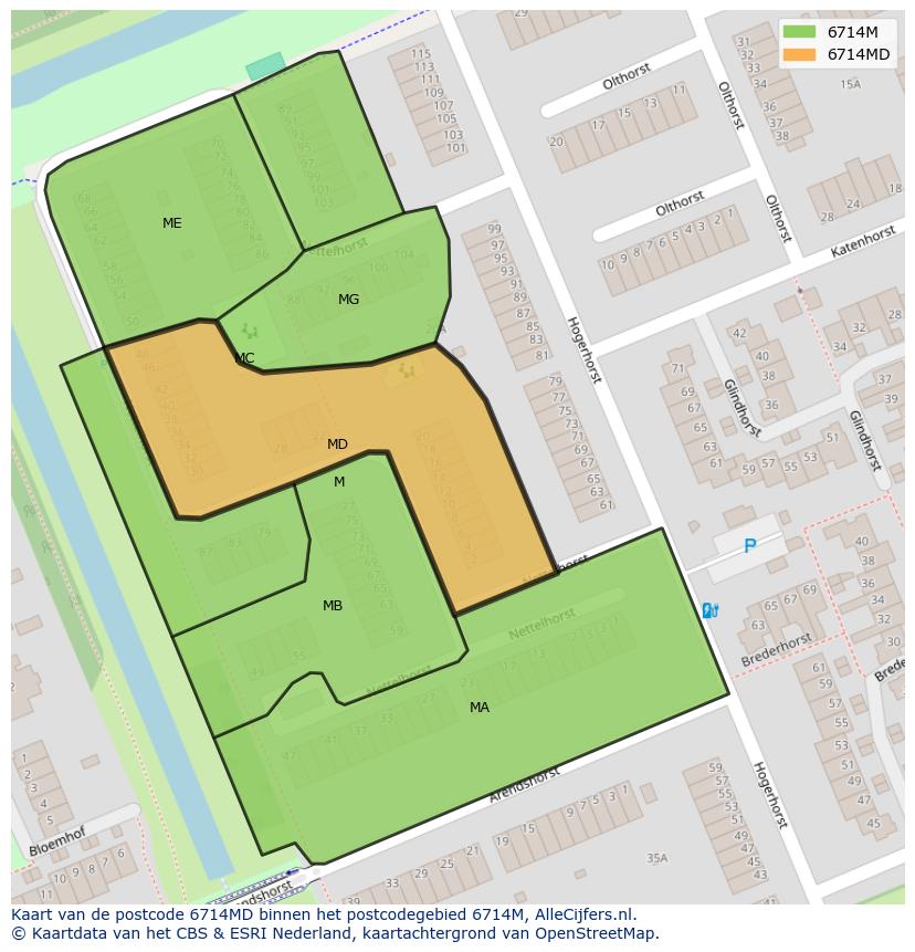 Afbeelding van het postcodegebied 6714 MD op de kaart.