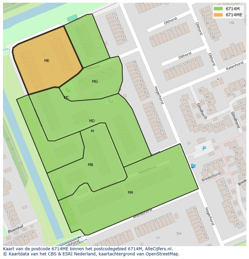 Afbeelding van het postcodegebied 6714 ME op de kaart.