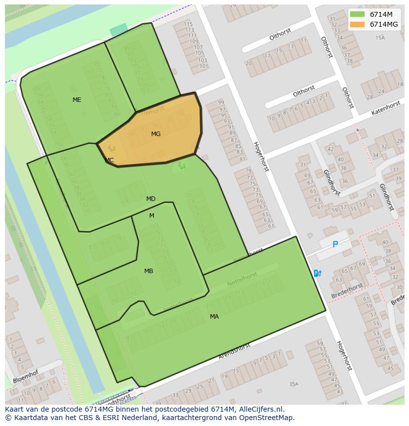 Afbeelding van het postcodegebied 6714 MG op de kaart.