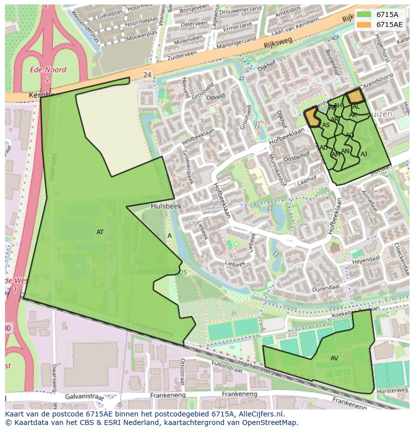Afbeelding van het postcodegebied 6715 AE op de kaart.