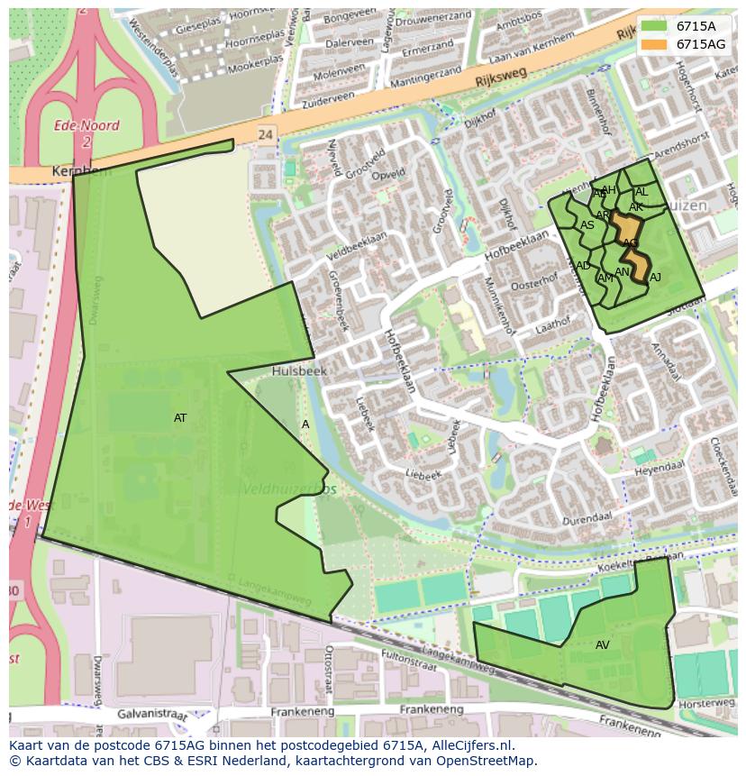 Afbeelding van het postcodegebied 6715 AG op de kaart.