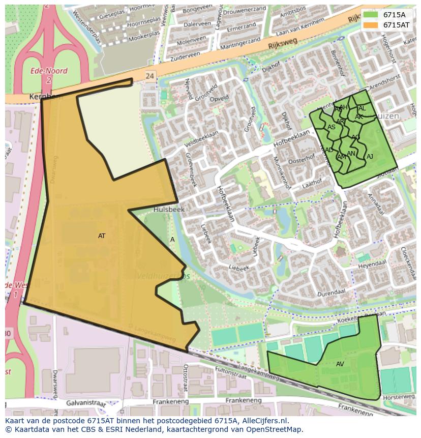 Afbeelding van het postcodegebied 6715 AT op de kaart.
