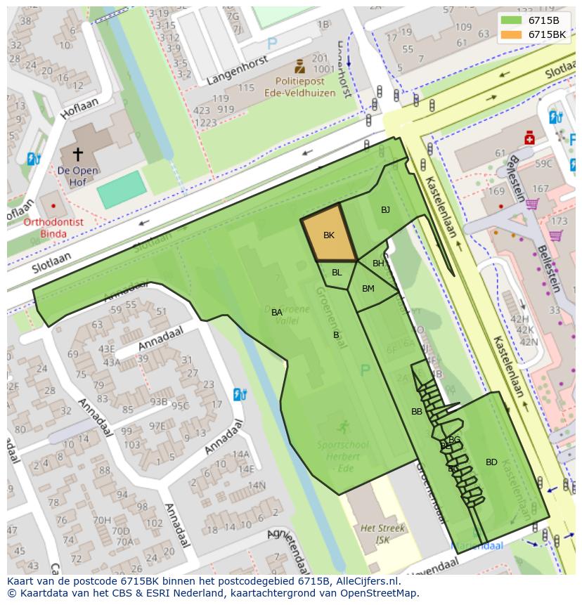Afbeelding van het postcodegebied 6715 BK op de kaart.
