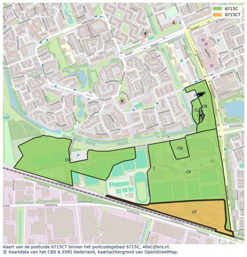 Afbeelding van het postcodegebied 6715 CT op de kaart.