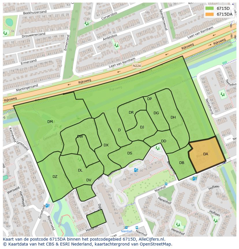 Afbeelding van het postcodegebied 6715 DA op de kaart.