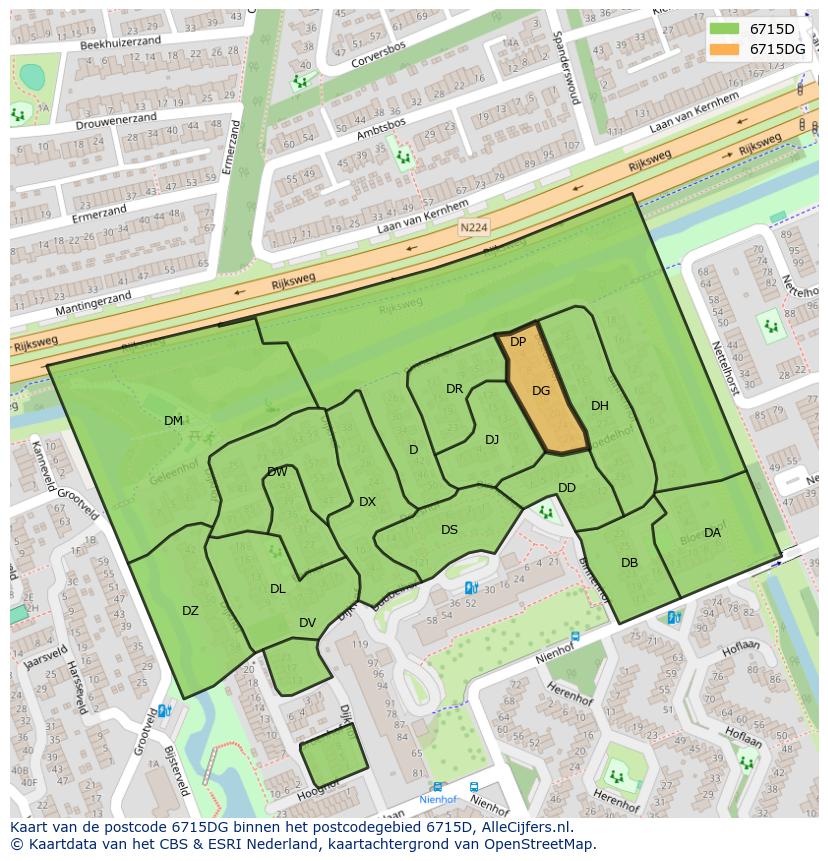 Afbeelding van het postcodegebied 6715 DG op de kaart.
