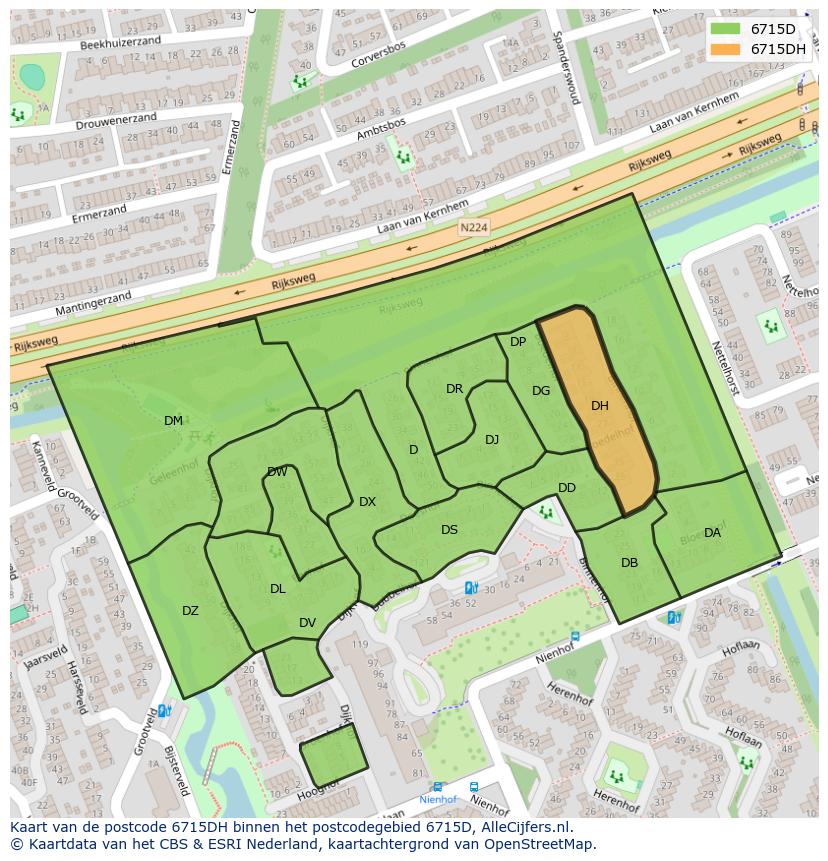 Afbeelding van het postcodegebied 6715 DH op de kaart.