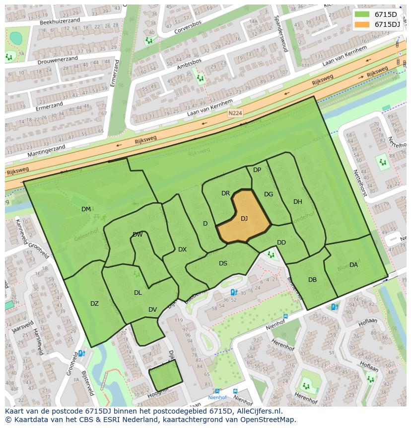 Afbeelding van het postcodegebied 6715 DJ op de kaart.