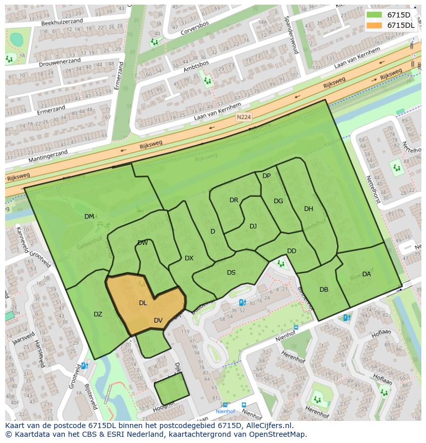 Afbeelding van het postcodegebied 6715 DL op de kaart.