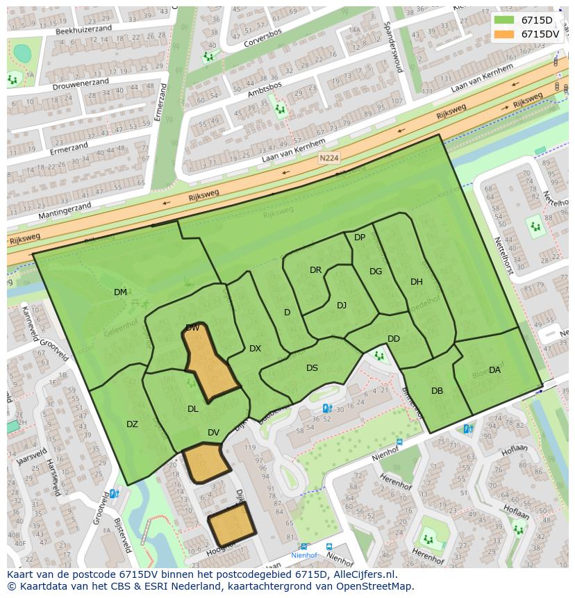 Afbeelding van het postcodegebied 6715 DV op de kaart.
