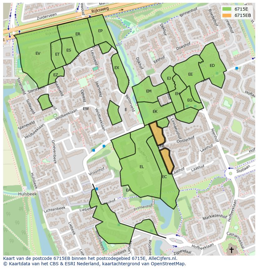 Afbeelding van het postcodegebied 6715 EB op de kaart.