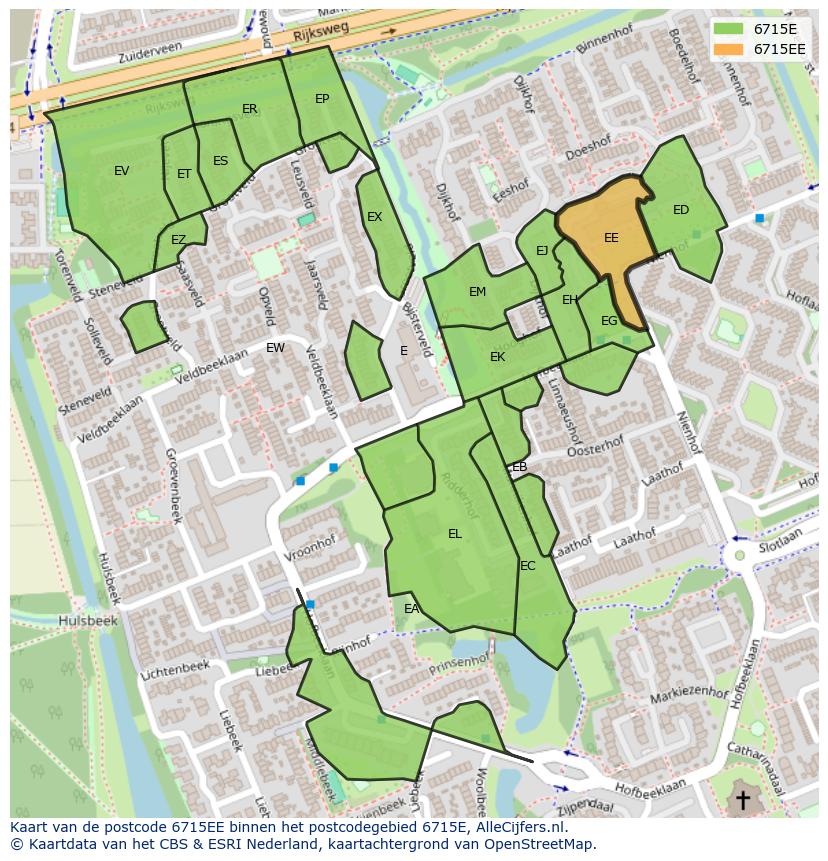 Afbeelding van het postcodegebied 6715 EE op de kaart.