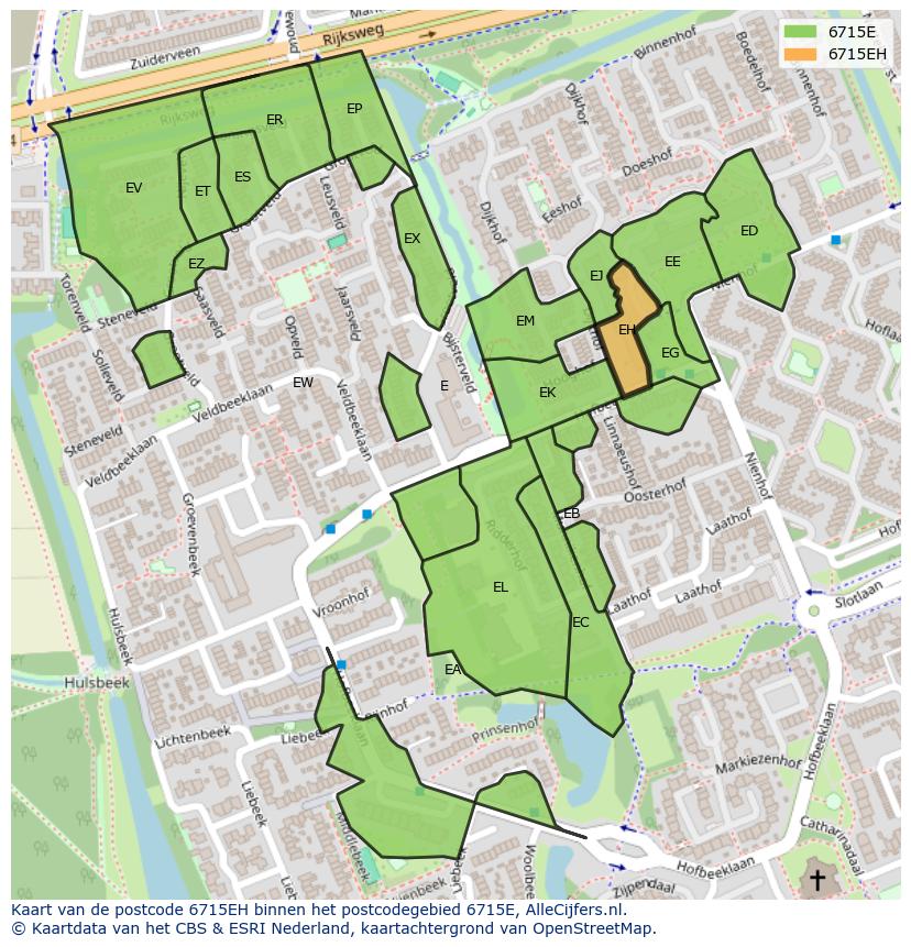Afbeelding van het postcodegebied 6715 EH op de kaart.