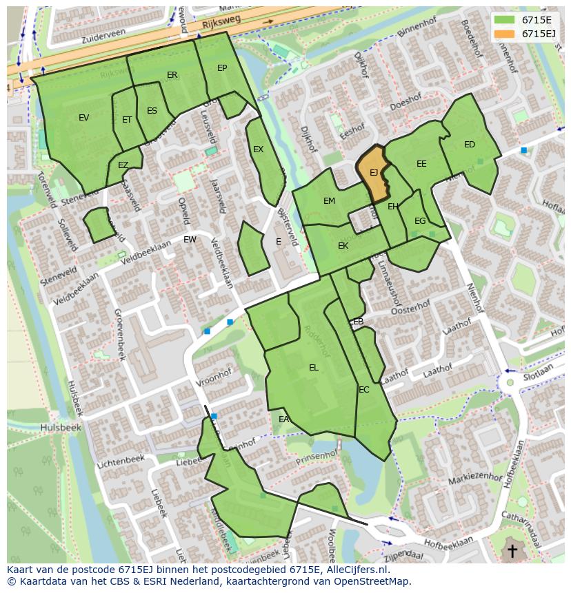 Afbeelding van het postcodegebied 6715 EJ op de kaart.