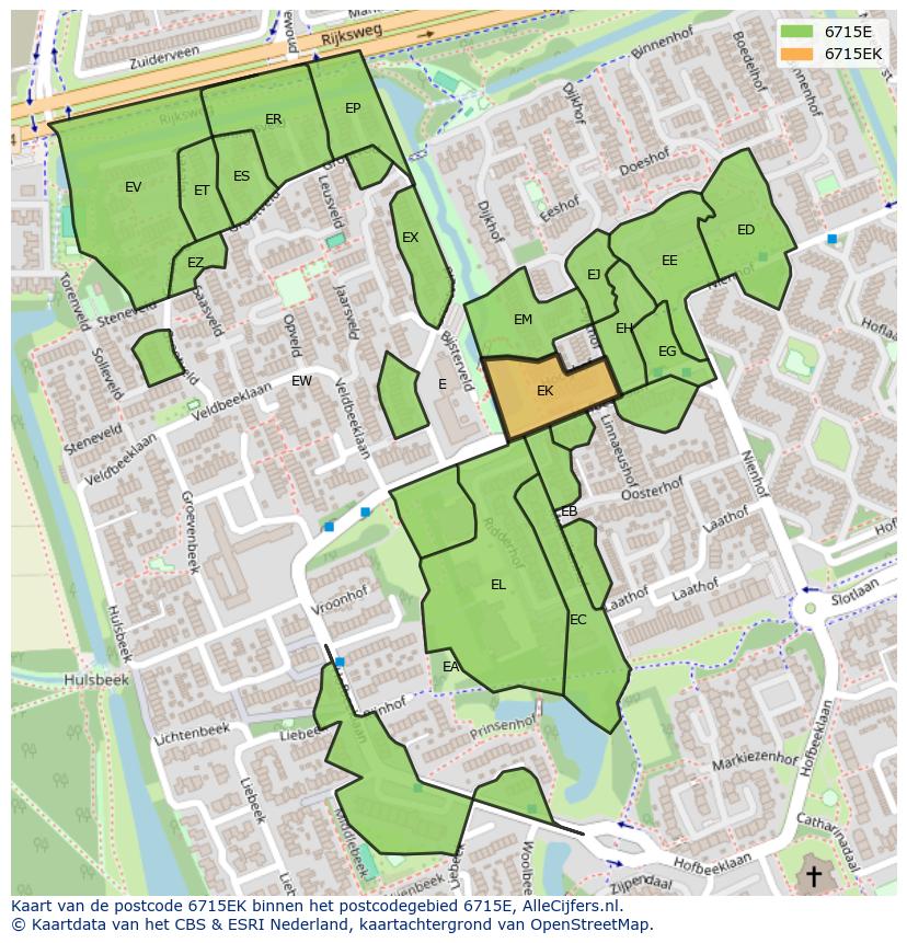 Afbeelding van het postcodegebied 6715 EK op de kaart.