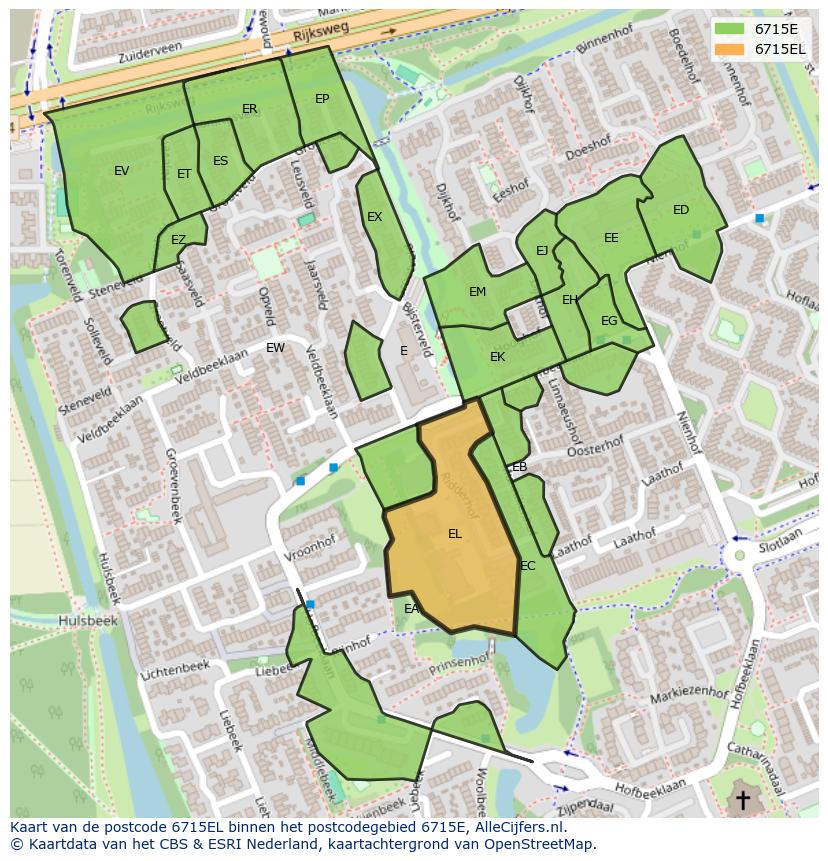 Afbeelding van het postcodegebied 6715 EL op de kaart.