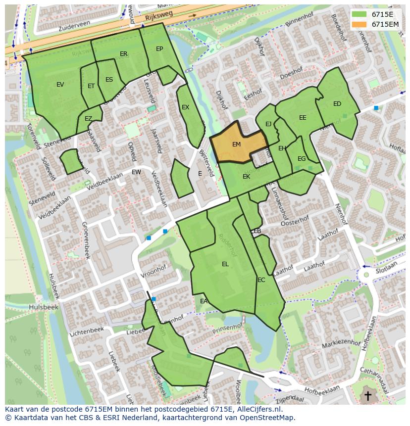 Afbeelding van het postcodegebied 6715 EM op de kaart.