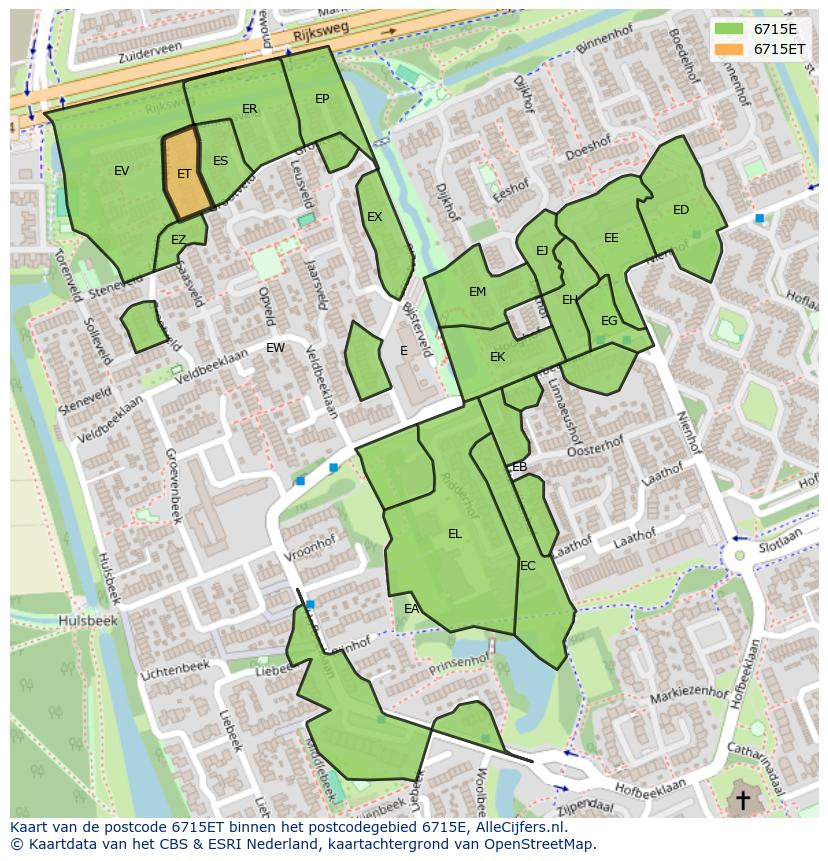 Afbeelding van het postcodegebied 6715 ET op de kaart.