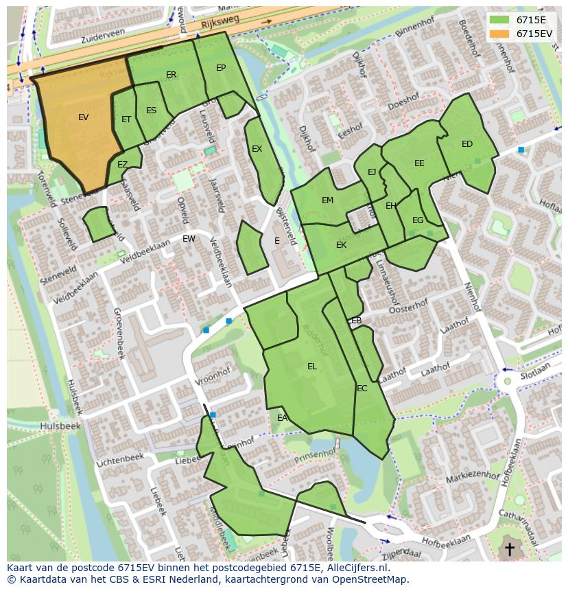 Afbeelding van het postcodegebied 6715 EV op de kaart.