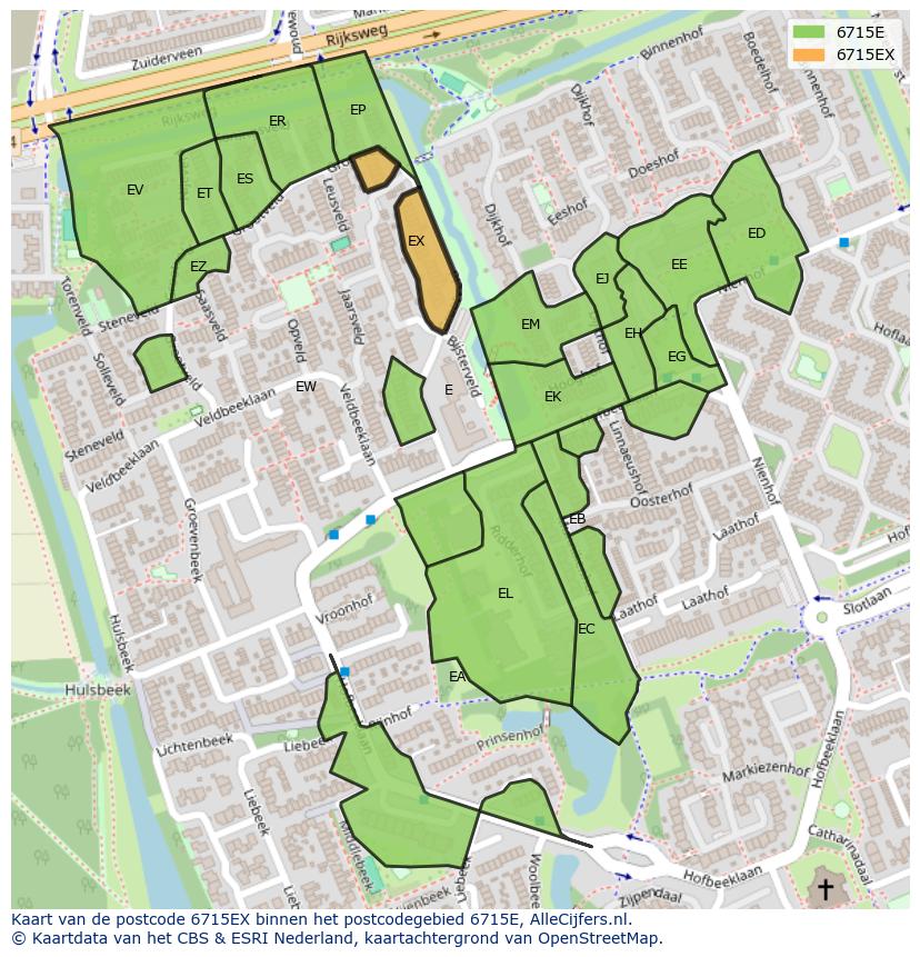 Afbeelding van het postcodegebied 6715 EX op de kaart.