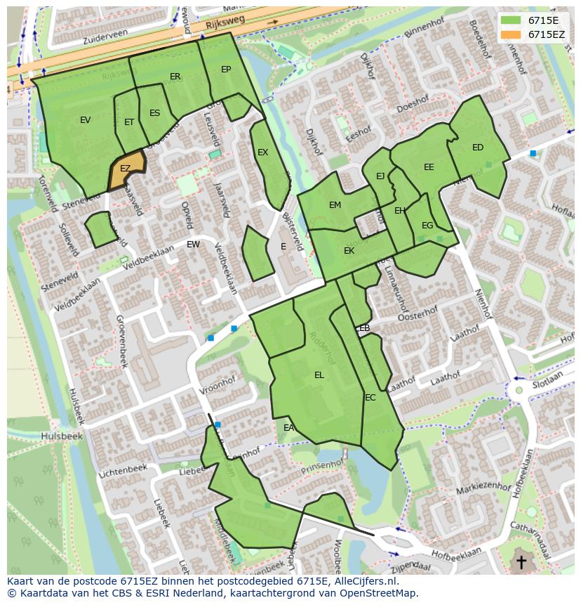 Afbeelding van het postcodegebied 6715 EZ op de kaart.