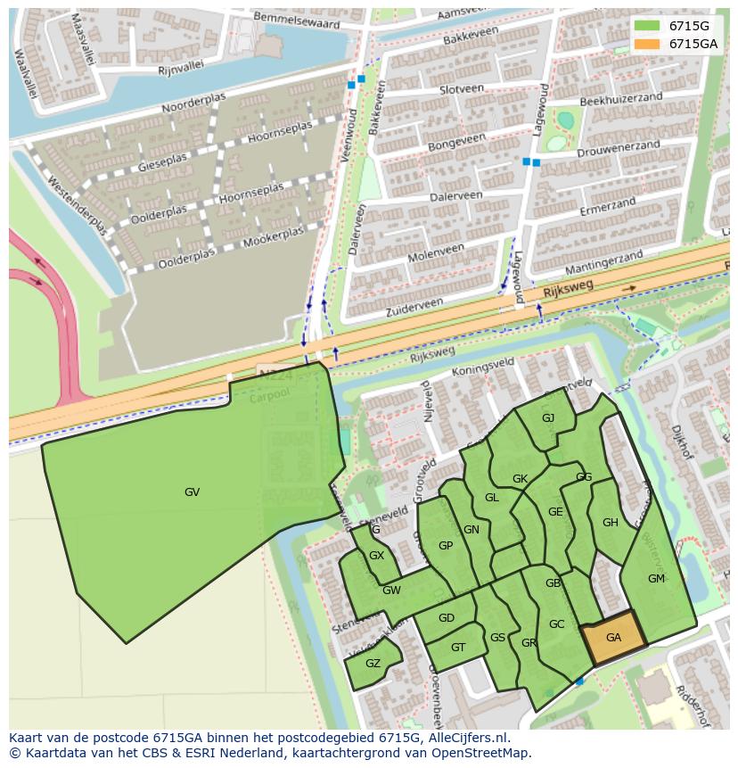 Afbeelding van het postcodegebied 6715 GA op de kaart.