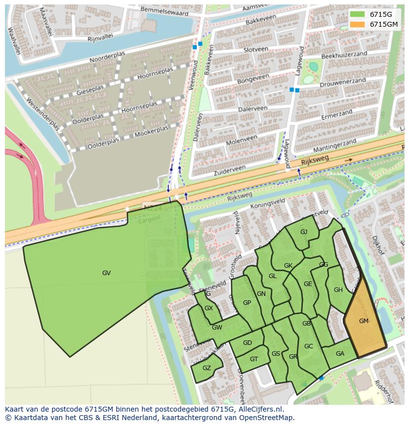 Afbeelding van het postcodegebied 6715 GM op de kaart.