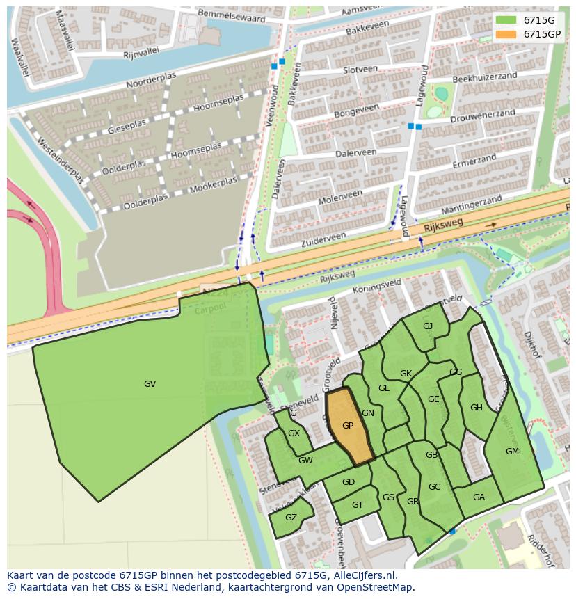 Afbeelding van het postcodegebied 6715 GP op de kaart.