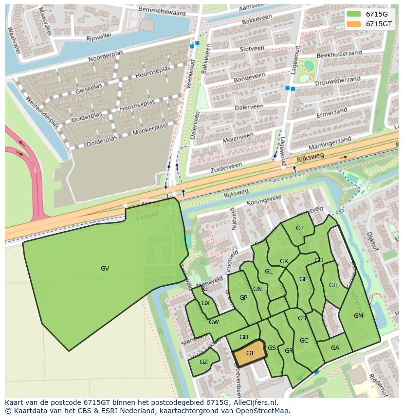 Afbeelding van het postcodegebied 6715 GT op de kaart.