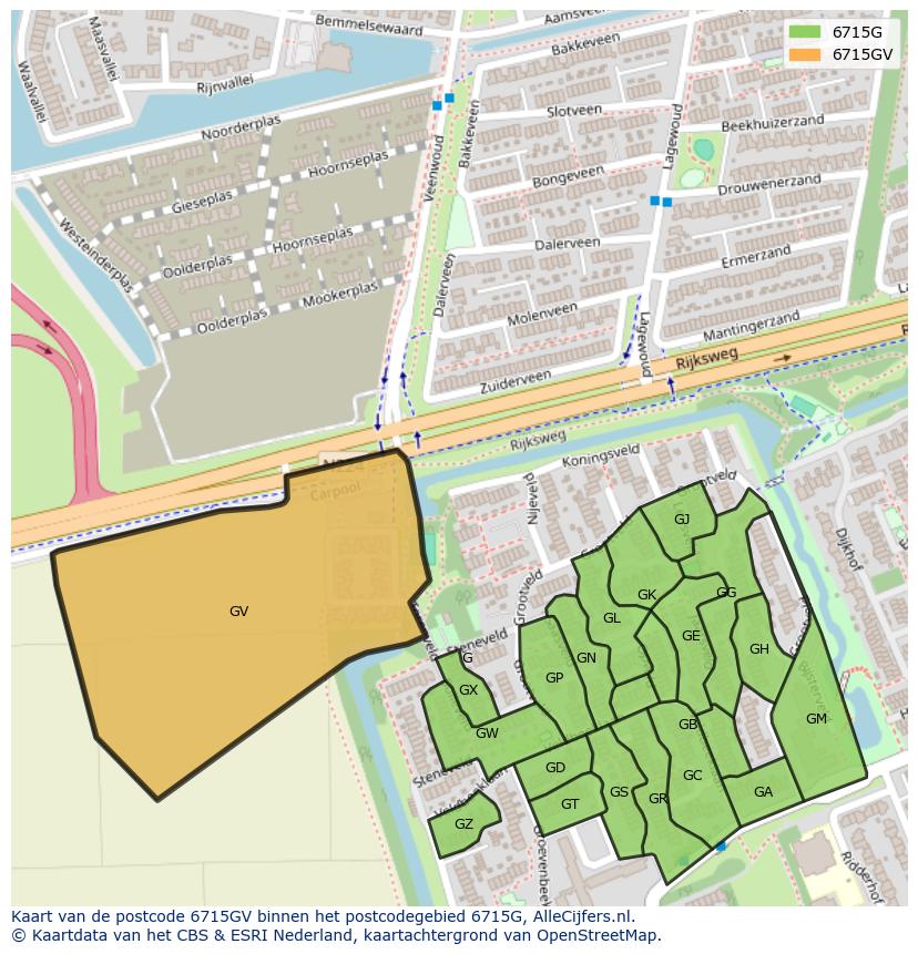 Afbeelding van het postcodegebied 6715 GV op de kaart.
