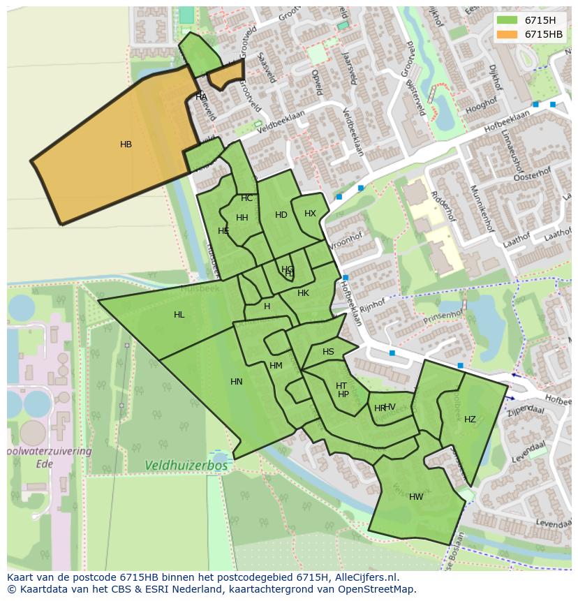 Afbeelding van het postcodegebied 6715 HB op de kaart.