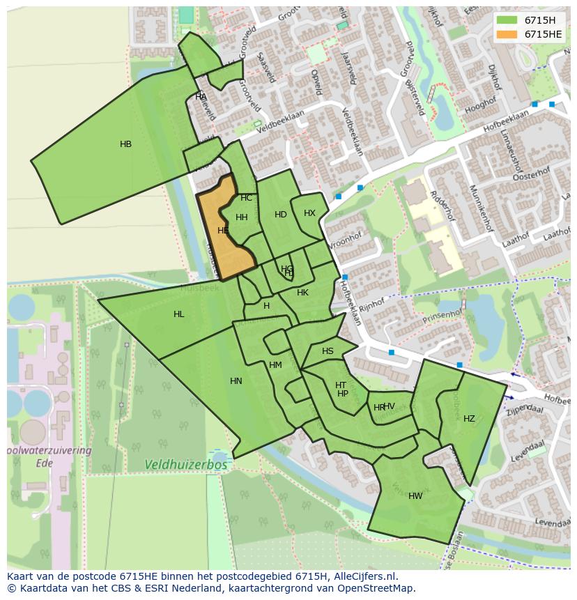 Afbeelding van het postcodegebied 6715 HE op de kaart.