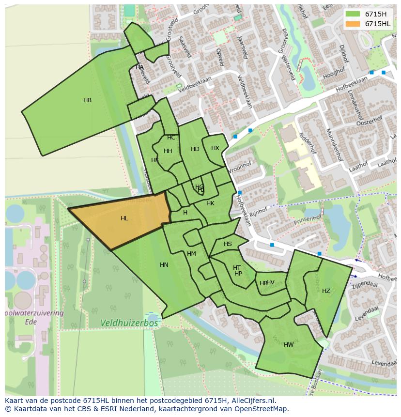 Afbeelding van het postcodegebied 6715 HL op de kaart.