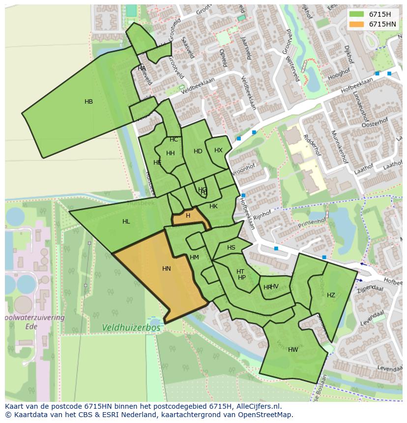 Afbeelding van het postcodegebied 6715 HN op de kaart.