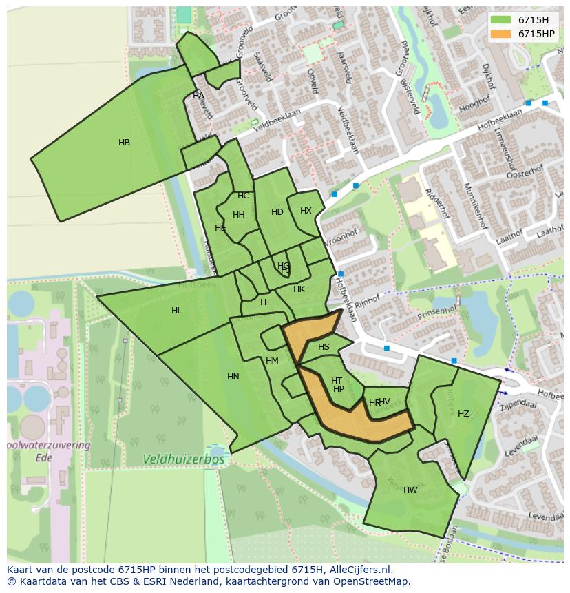Afbeelding van het postcodegebied 6715 HP op de kaart.