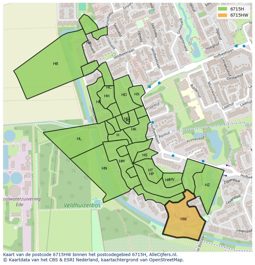 Afbeelding van het postcodegebied 6715 HW op de kaart.