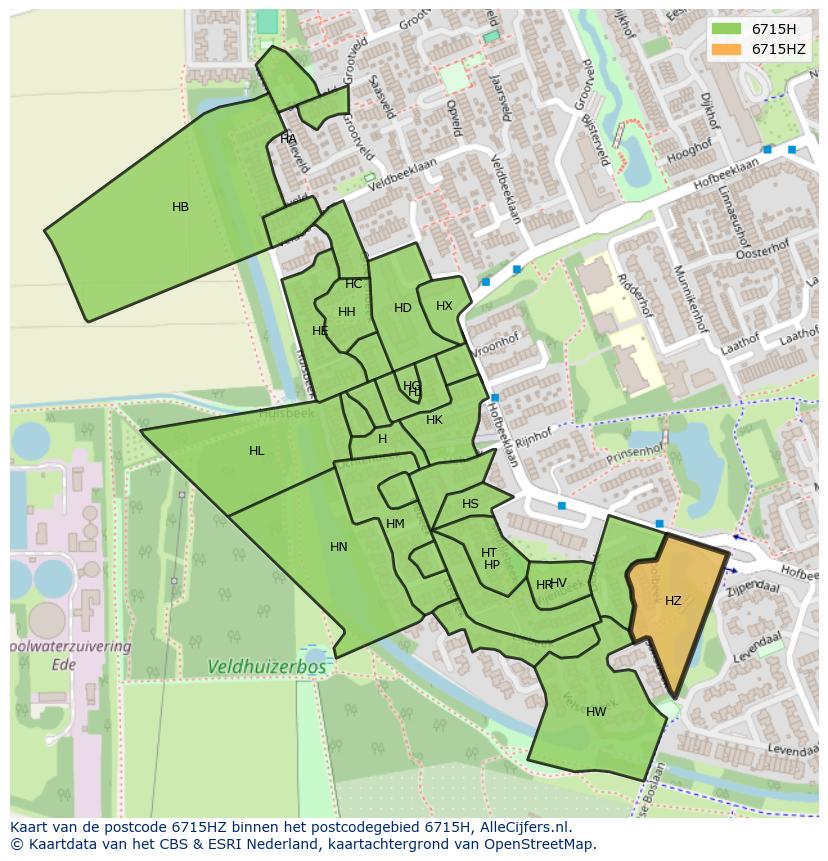 Afbeelding van het postcodegebied 6715 HZ op de kaart.