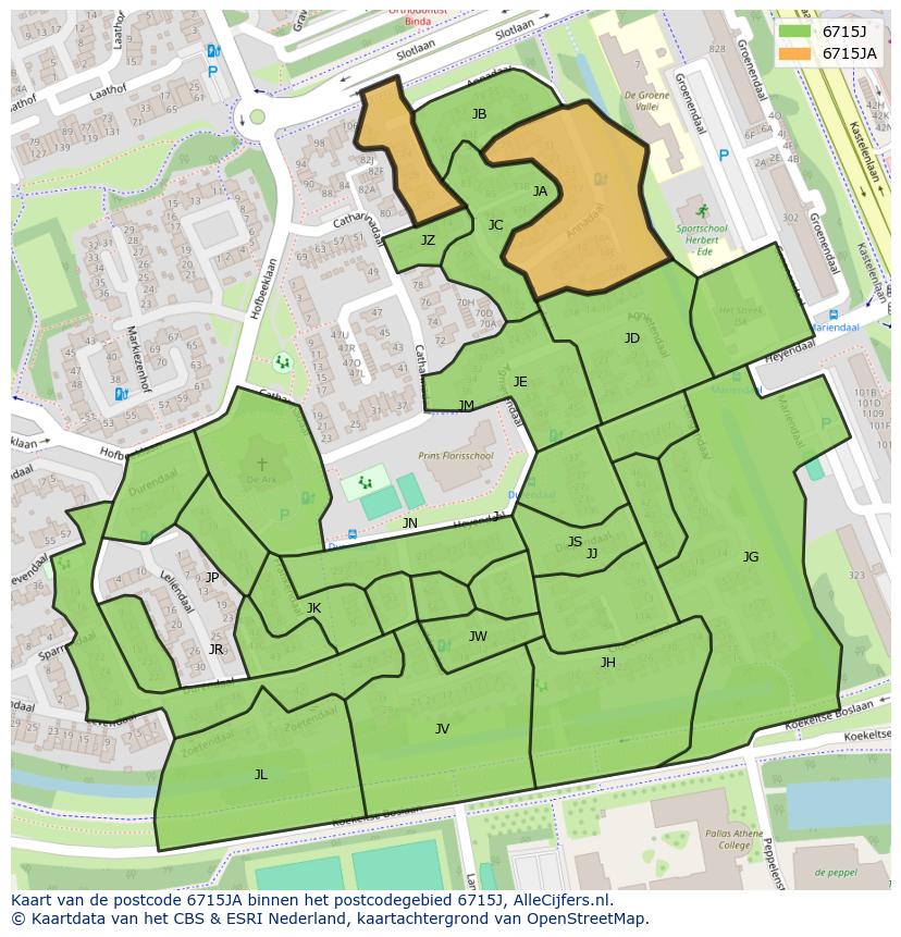 Afbeelding van het postcodegebied 6715 JA op de kaart.