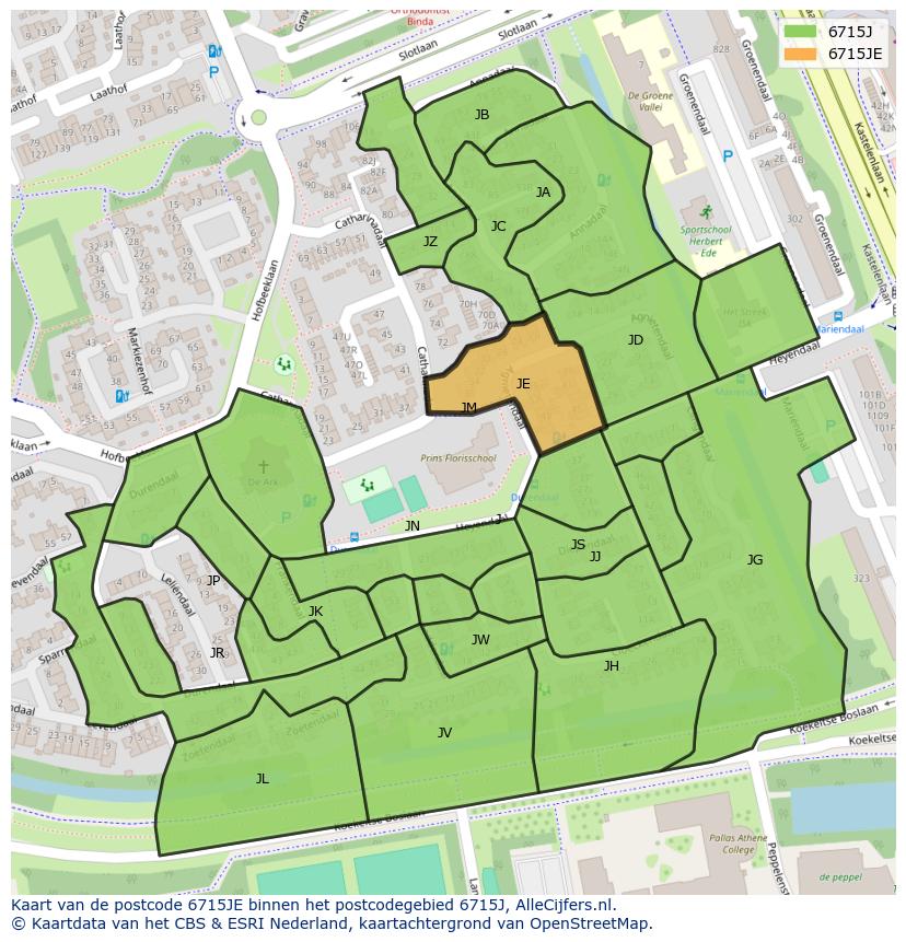 Afbeelding van het postcodegebied 6715 JE op de kaart.