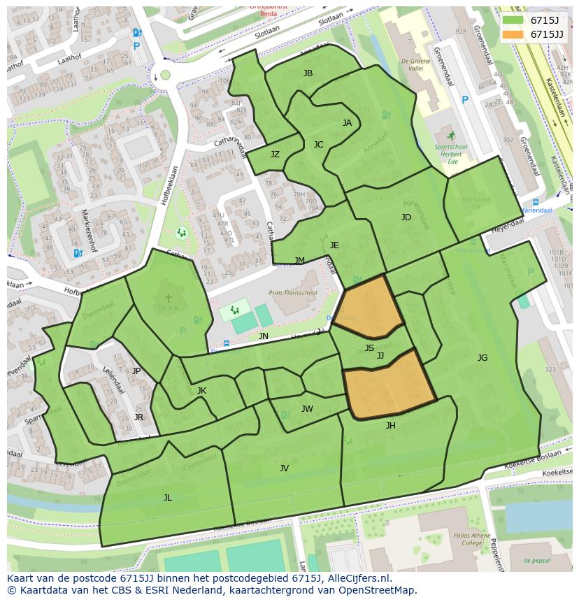 Afbeelding van het postcodegebied 6715 JJ op de kaart.