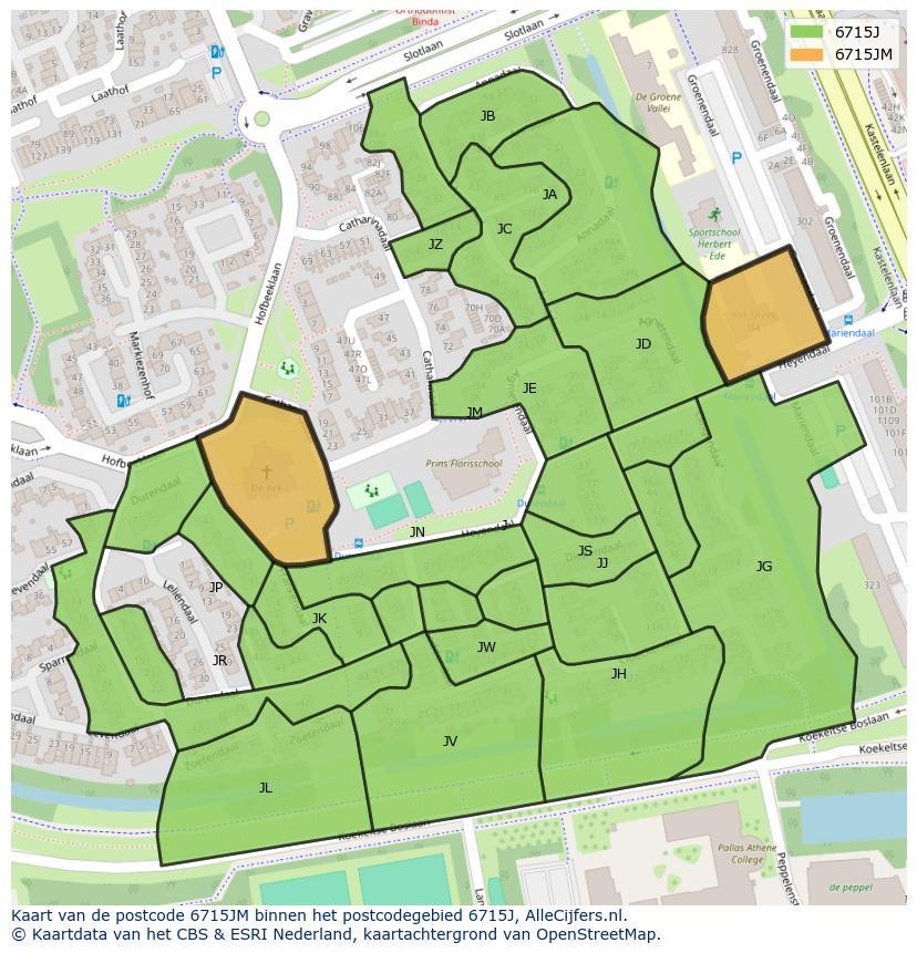 Afbeelding van het postcodegebied 6715 JM op de kaart.