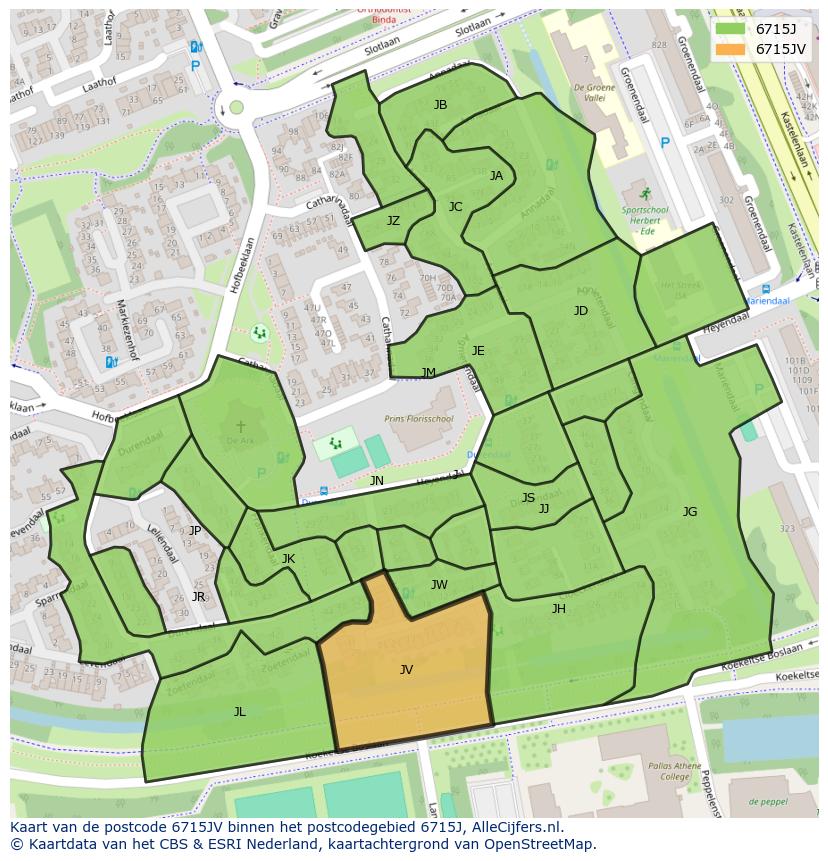 Afbeelding van het postcodegebied 6715 JV op de kaart.