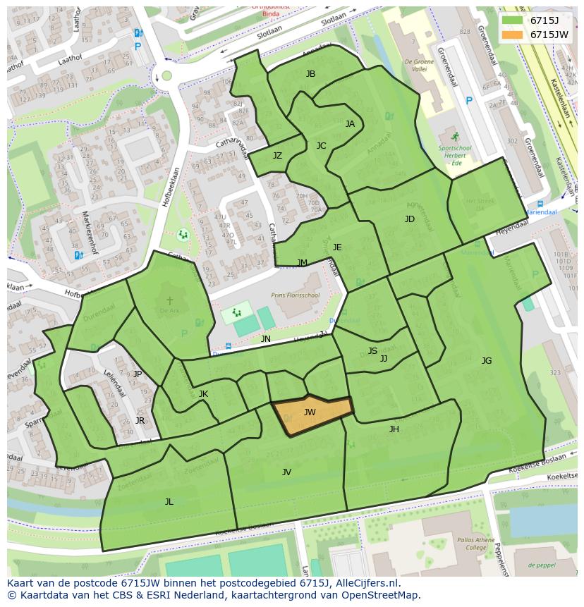 Afbeelding van het postcodegebied 6715 JW op de kaart.